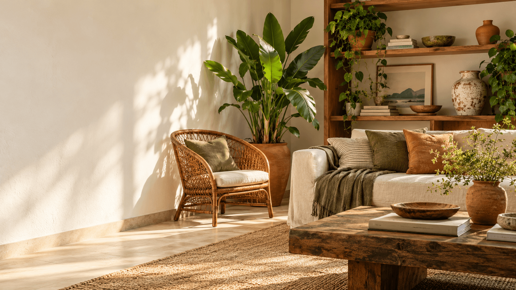 Sala acolhedora com plantas, poltrona de vime e luz natural